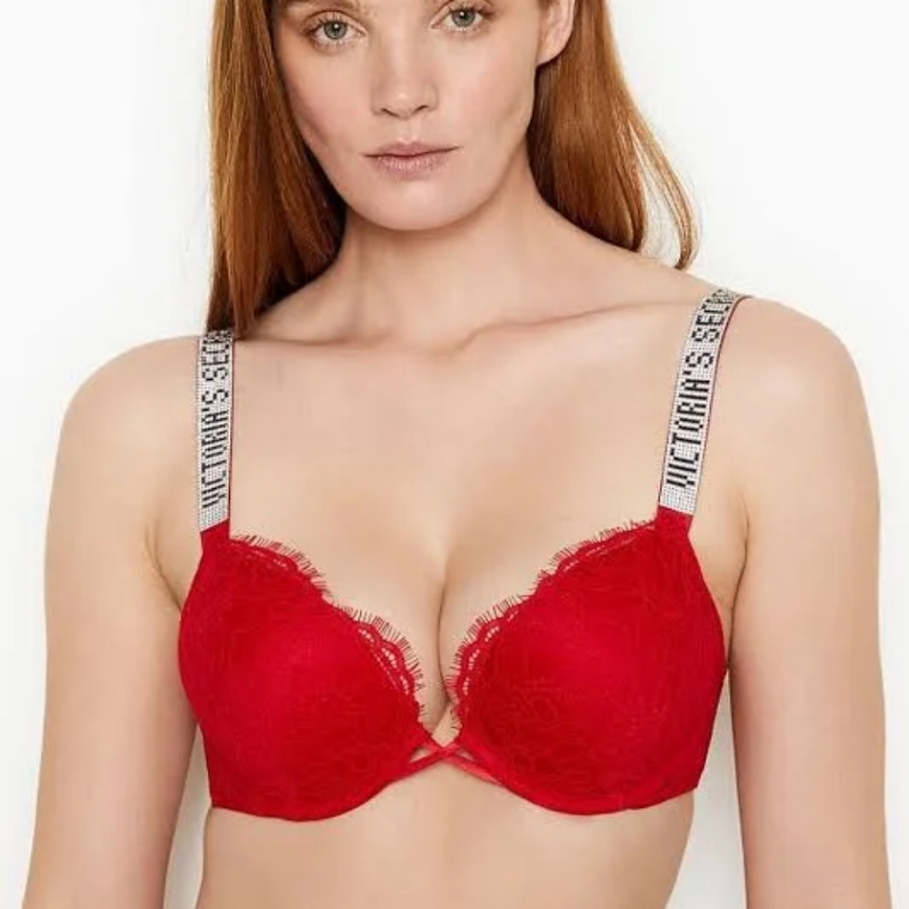 Victoria Secret Very Sexy Shine Strap Lipstick Red Lace Push-Up Bra 36B